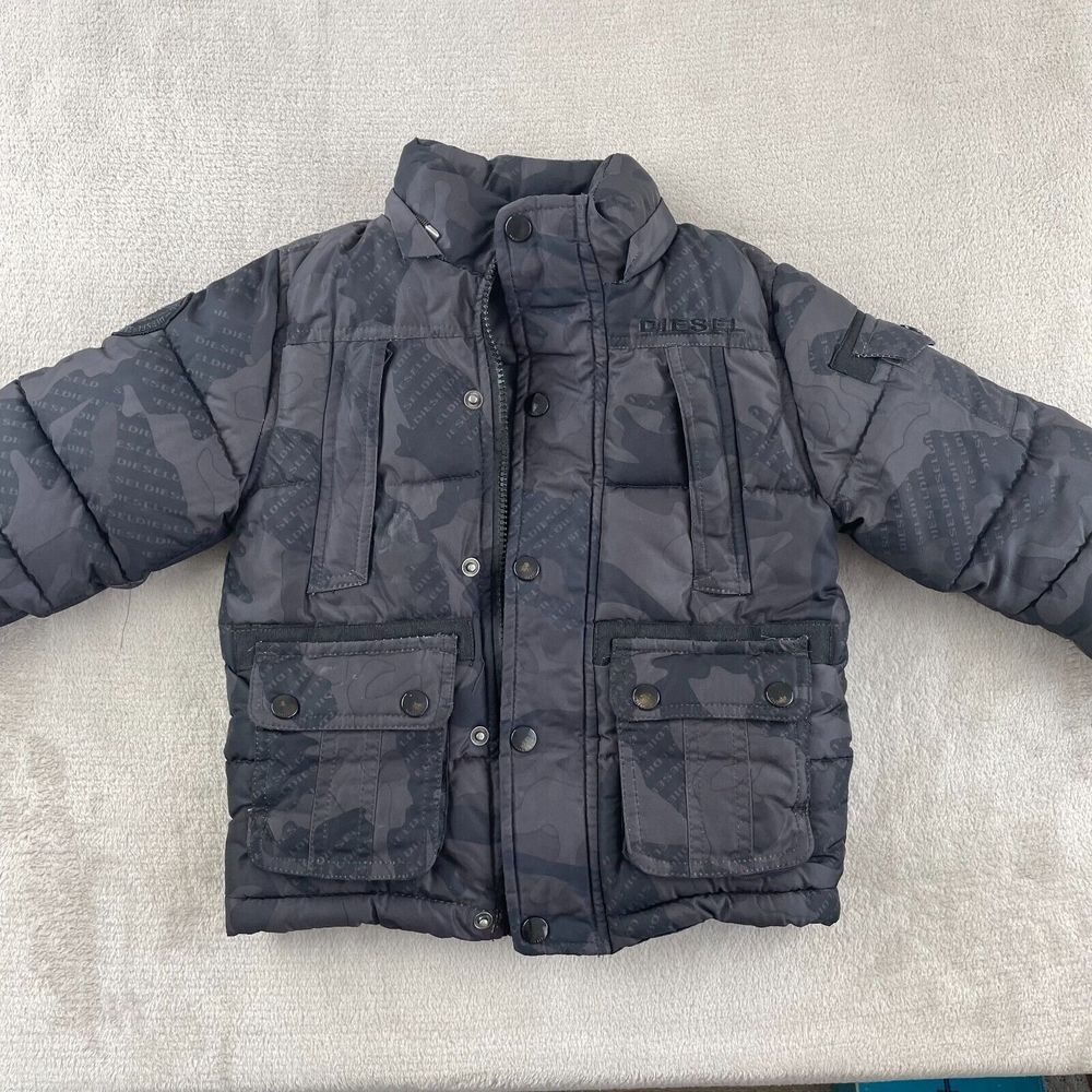 Diesel Jacket Boys 3T Black Camo Puffer Zip Pockets Long Sleeve Button Up